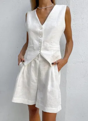 Cotton Linen Vest Wide-leg Shorts Set