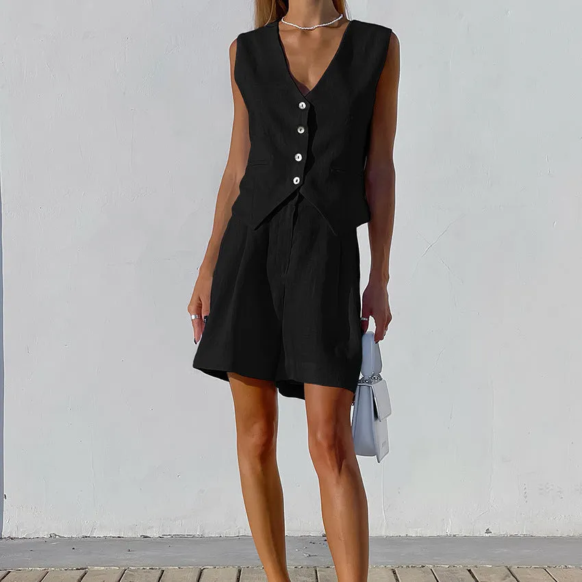 Cotton Linen Vest Wide-leg Shorts Set