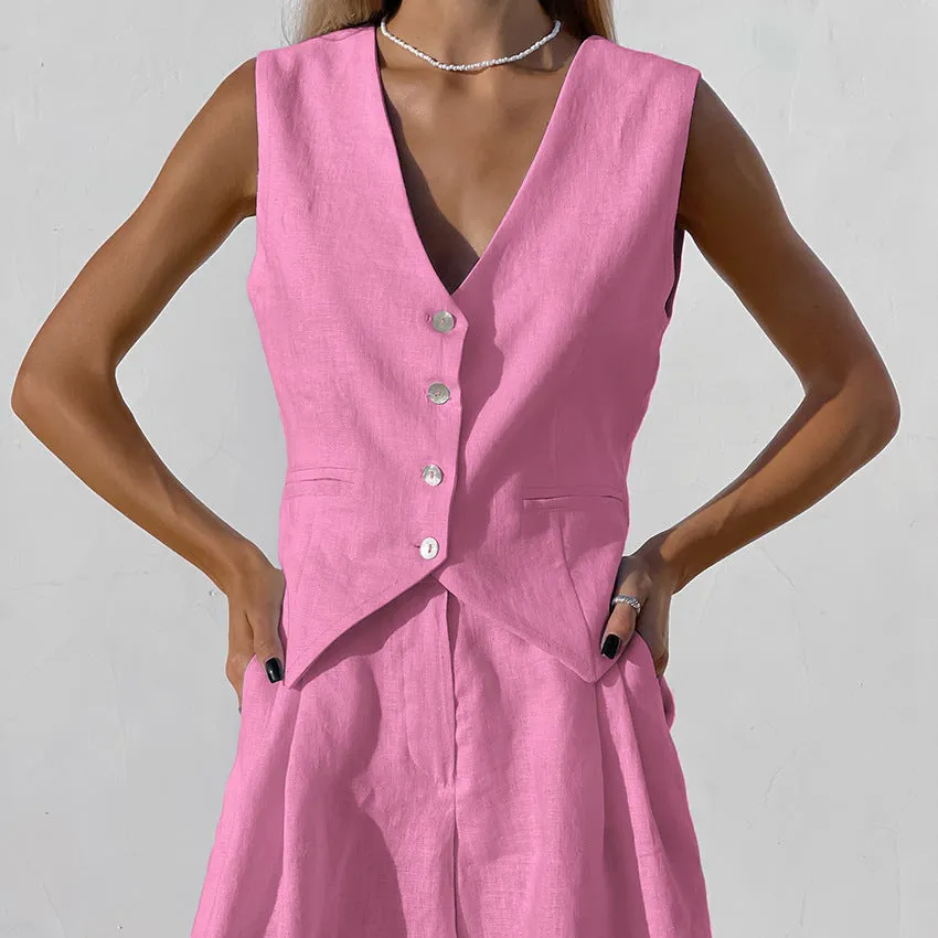 Cotton Linen Vest Wide-leg Shorts Set