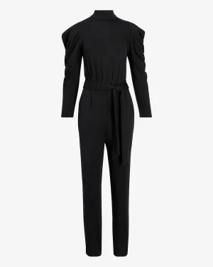 Cozy Belted Puff Sleeve Jumpsuit in Pitch Black