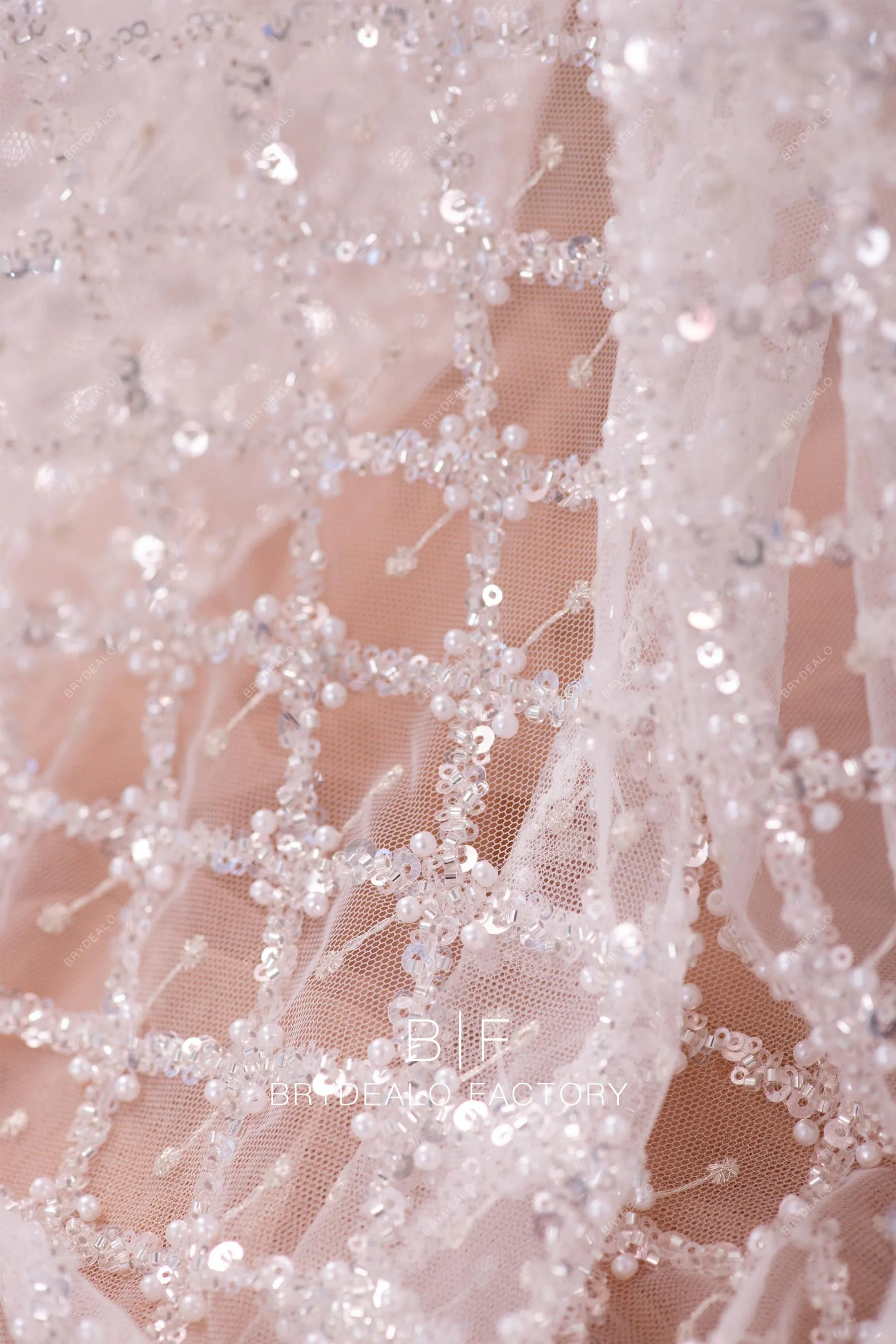 Custom Sparkly Beaded Rhombus Lace Fabric for Designer Dresses