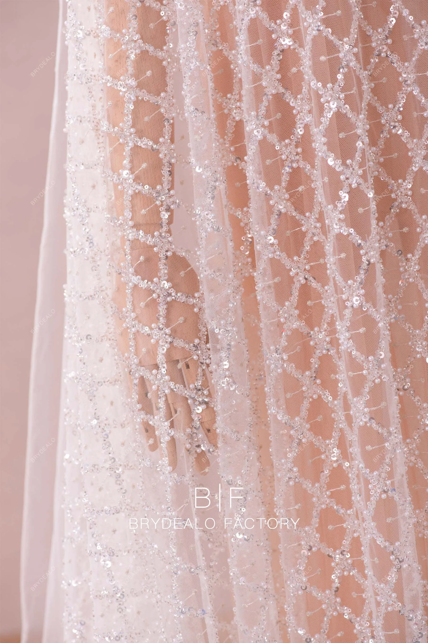Custom Sparkly Beaded Rhombus Lace Fabric for Designer Dresses