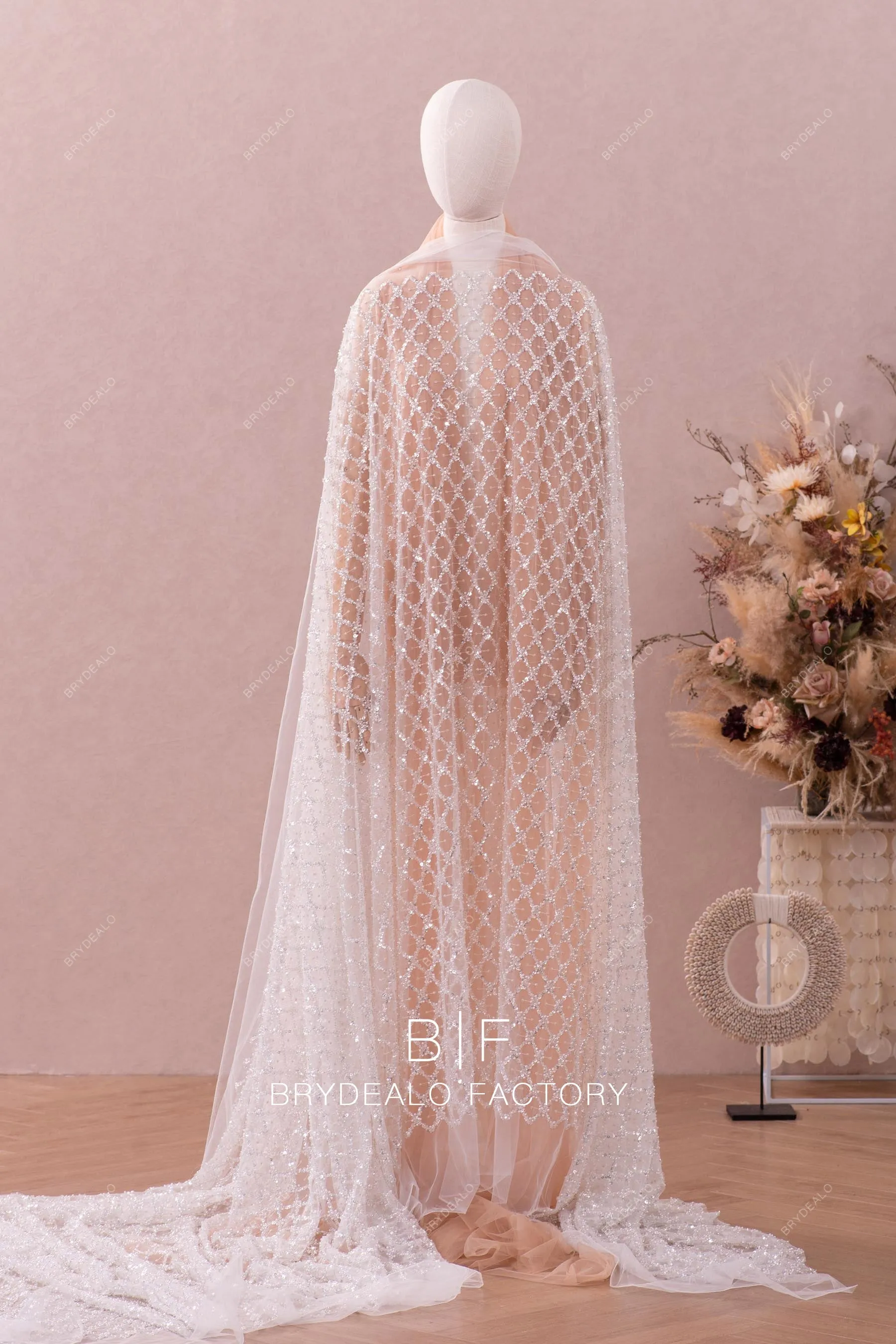 Custom Sparkly Beaded Rhombus Lace Fabric for Designer Dresses