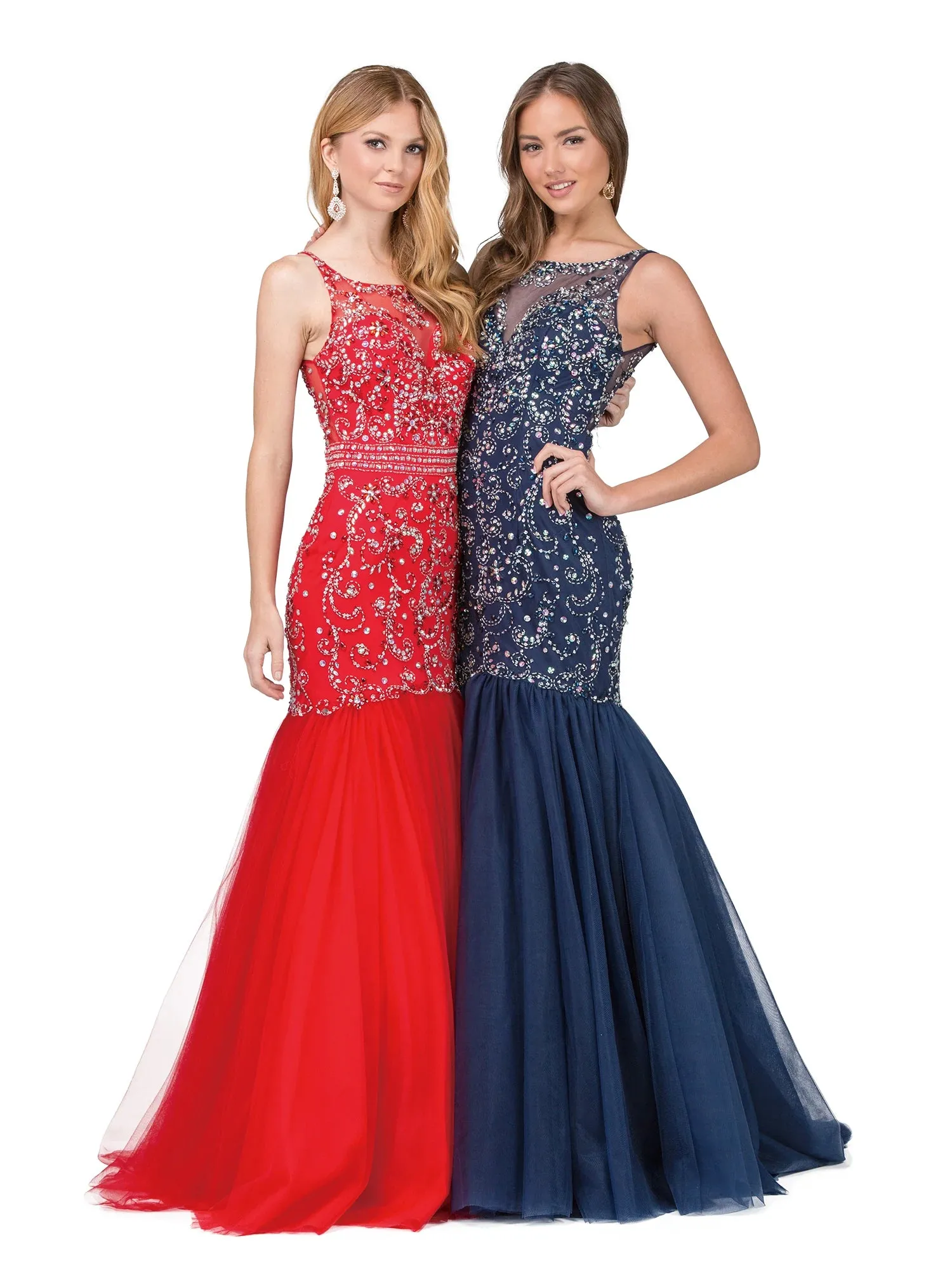 DQ 2250 Long Fitted Embellished Mermaid Prom Dress Sheer high neckline formal Gown