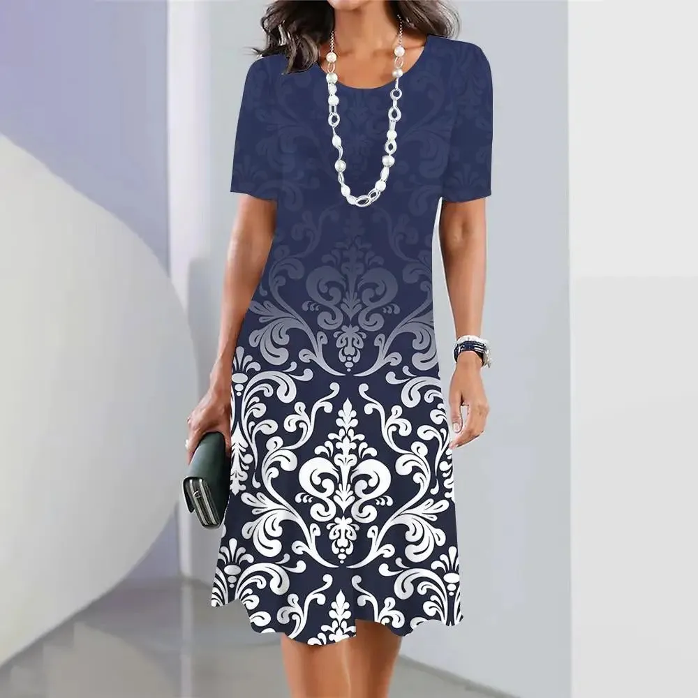 Dresses Patchwork Impresión Elegante Casual Manga Corta Vestidos de Verano Y2k Moda Mujer Plus Size Ropa Gradient Print Vestidos