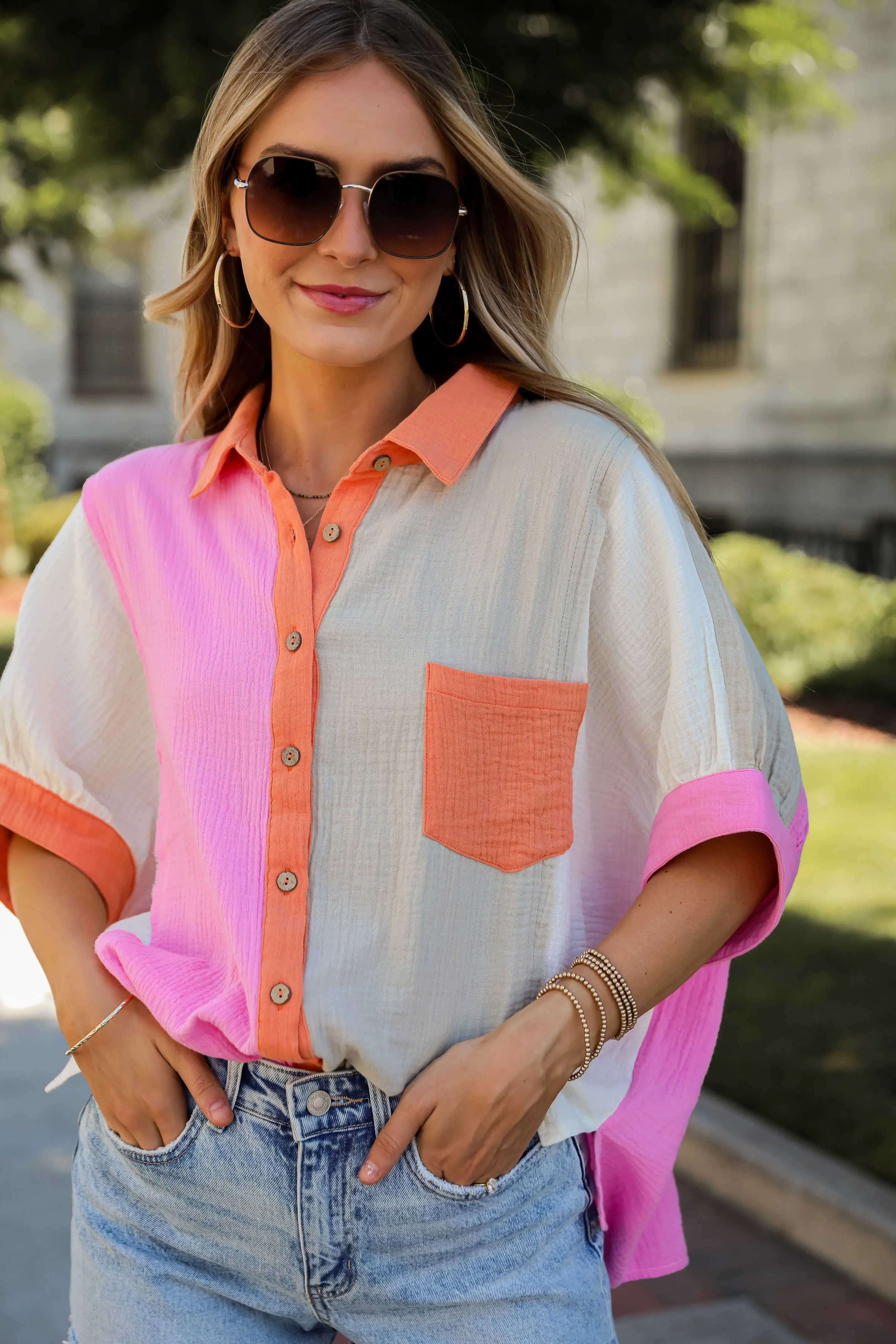 FINAL SALE - Daily Cuteness Color Block Linen Blouse