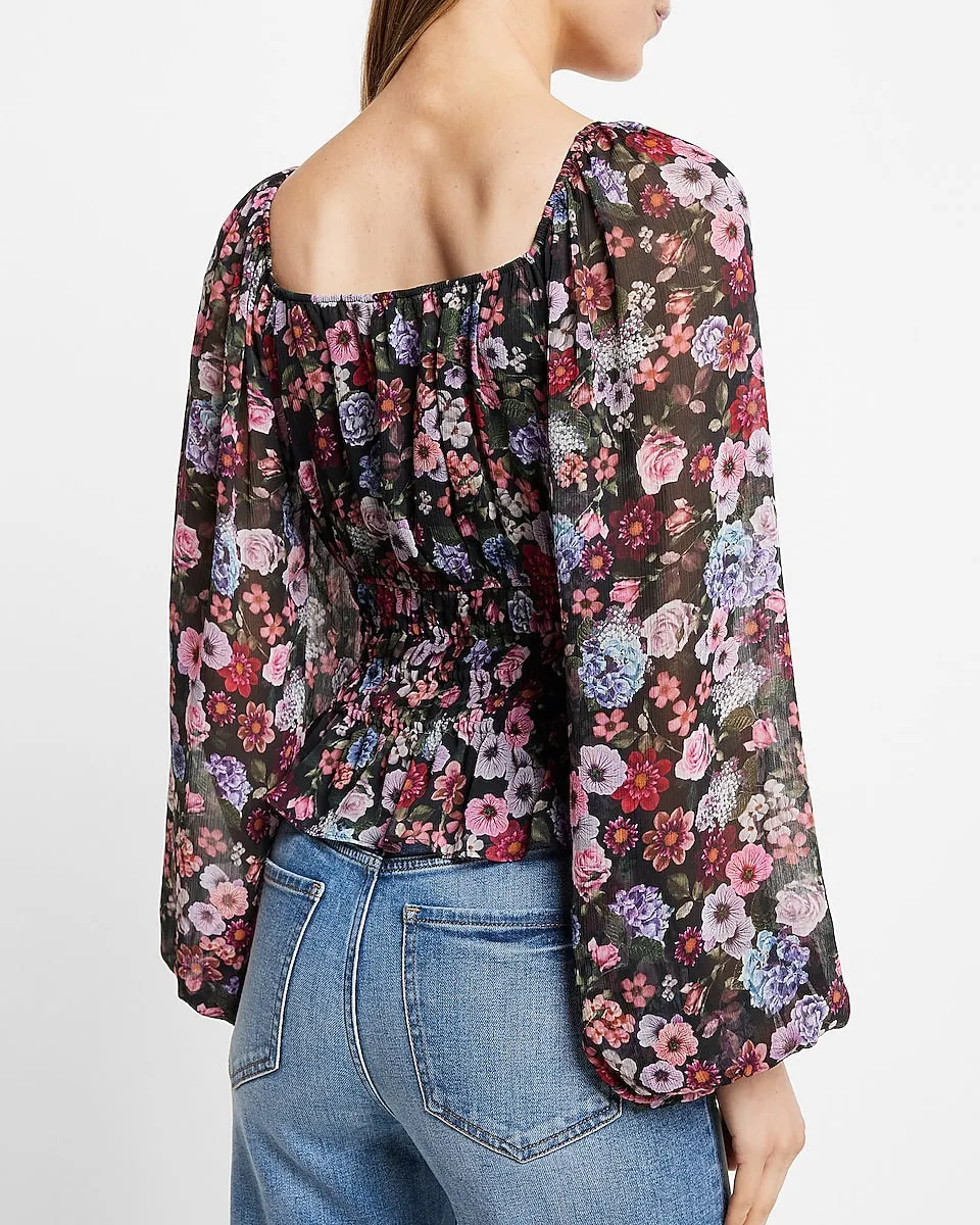 Floral Print V-Neck Smocked Top in Purple Print