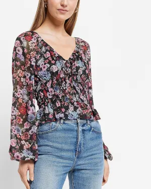 Floral Print V-Neck Smocked Top in Purple Print
