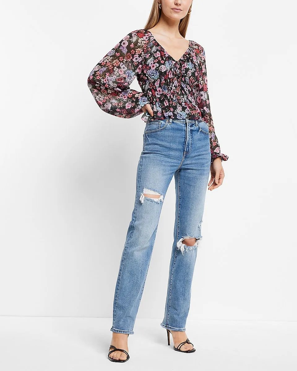 Floral Print V-Neck Smocked Top in Purple Print