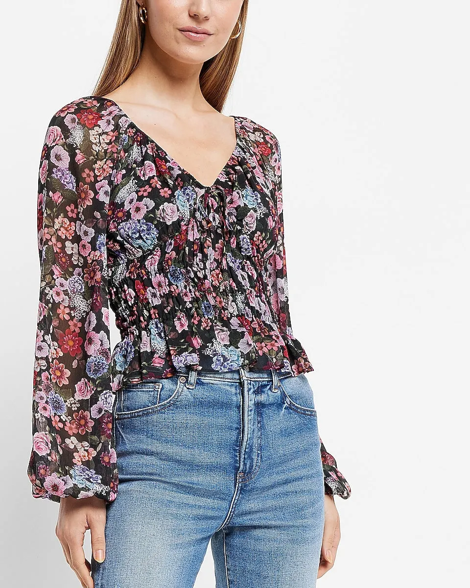 Floral Print V-Neck Smocked Top in Purple Print