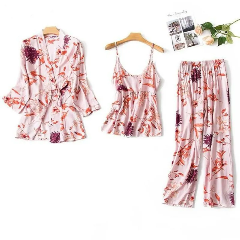 Flower Print Kimono Bathrobe Gown Sleepwear 3 Piece Pajama Set With Robe