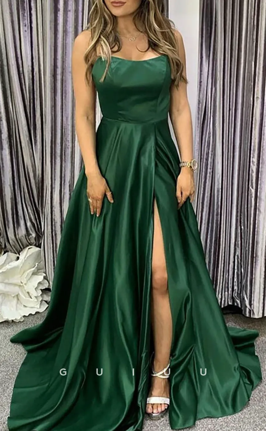 G4637 - A-Line Strapless Sleeveless Criss-Cross Straps Stain Prom Dress Fomal Gown with Slit