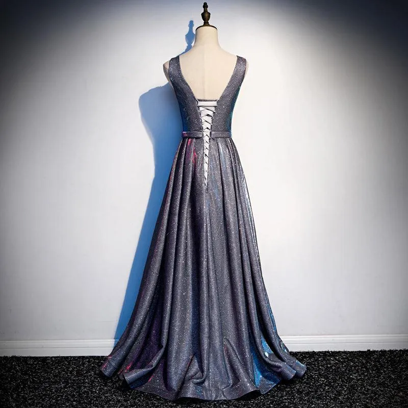Gray V-Neck Shining Sequined Evening Dress