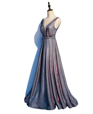 Gray V-Neck Shining Sequined Evening Dress