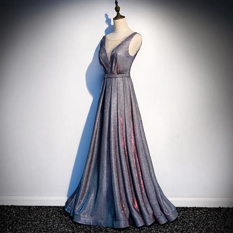 Gray V-Neck Shining Sequined Evening Dress
