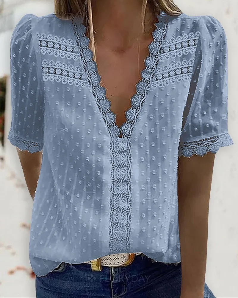 Guipure Lace V Neck Short Sleeve Top