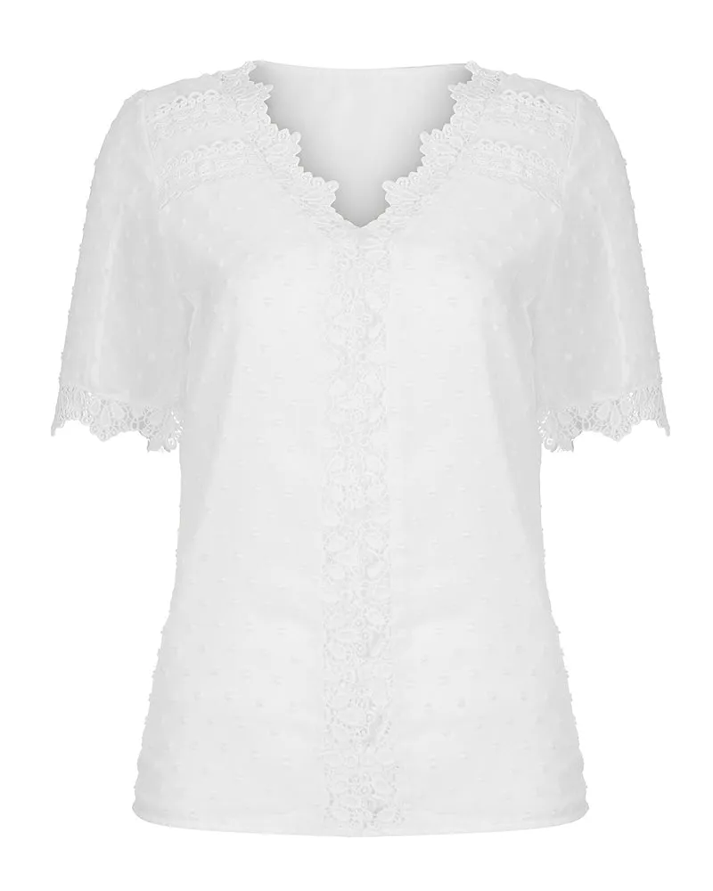 Guipure Lace V Neck Short Sleeve Top