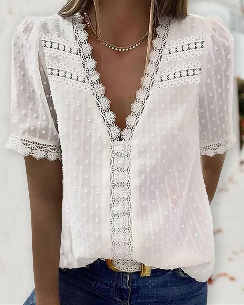 Guipure Lace V Neck Short Sleeve Top