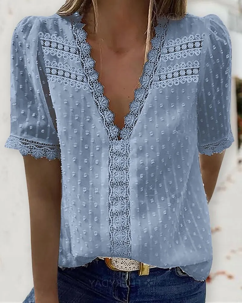 Guipure Lace V Neck Short Sleeve Top