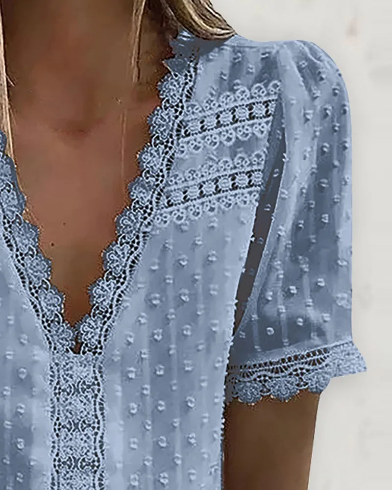 Guipure Lace V Neck Short Sleeve Top