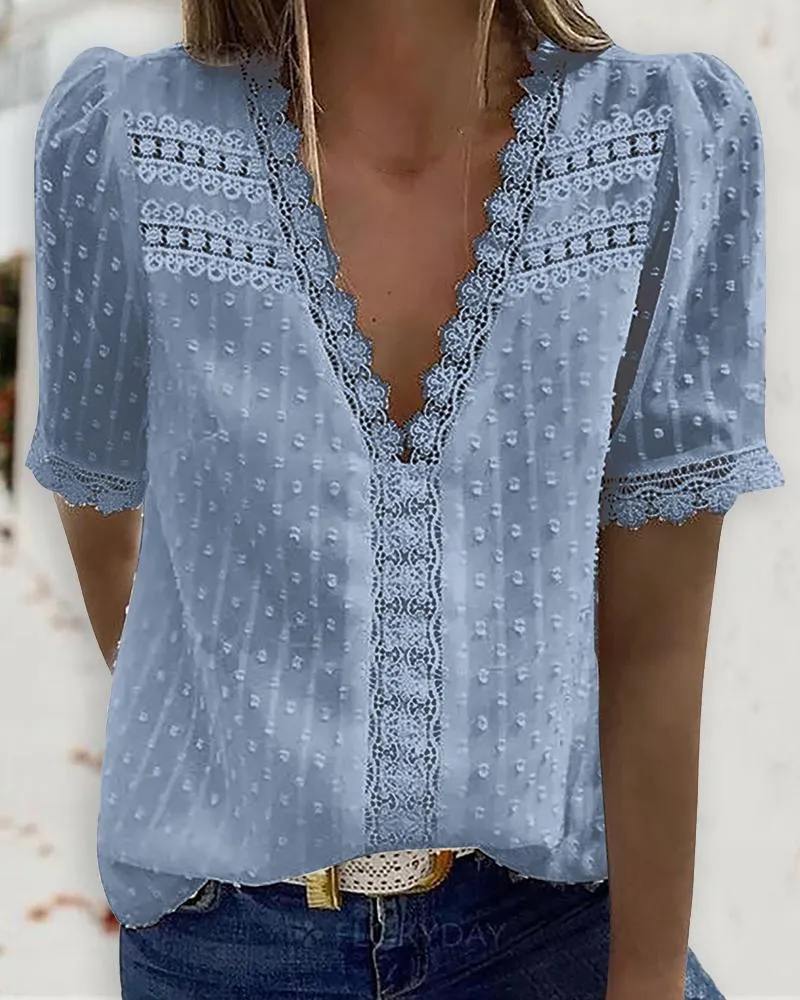 Guipure Lace V Neck Short Sleeve Top