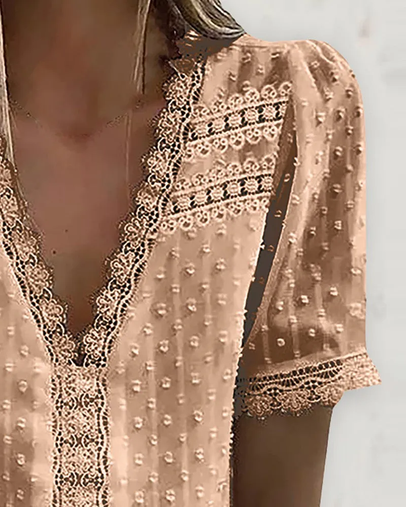 Guipure Lace V Neck Short Sleeve Top