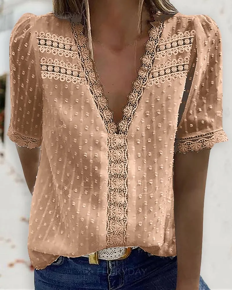 Guipure Lace V Neck Short Sleeve Top