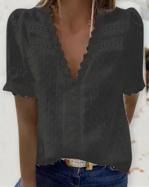 Guipure Lace V Neck Short Sleeve Top