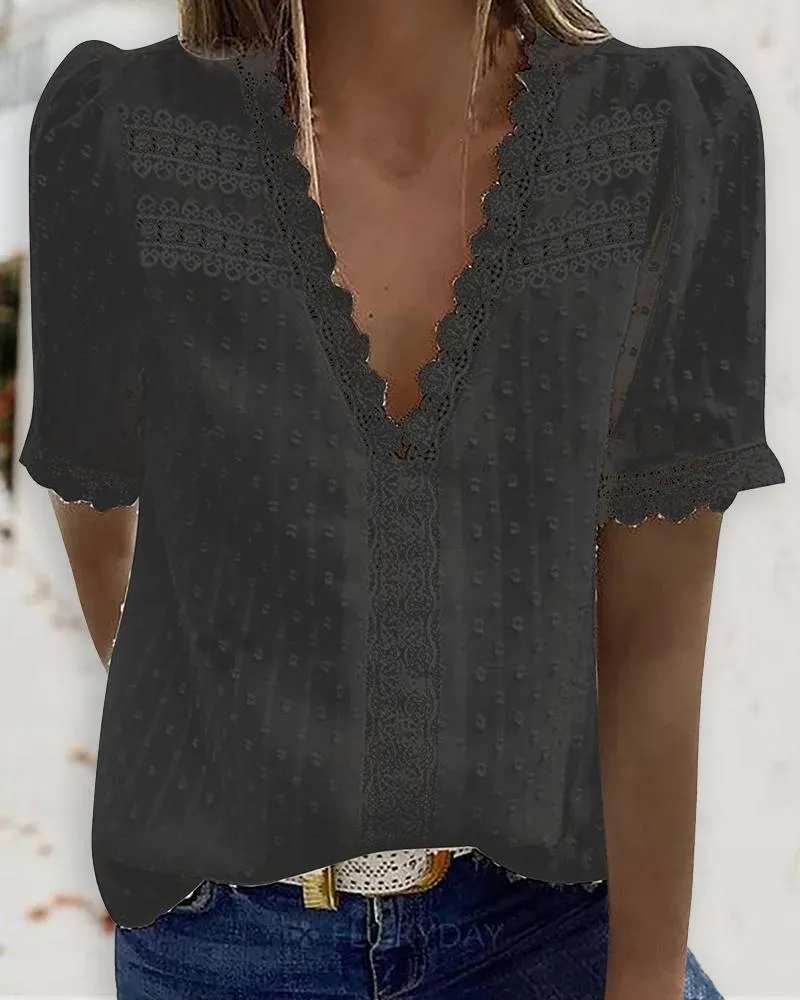 Guipure Lace V Neck Short Sleeve Top