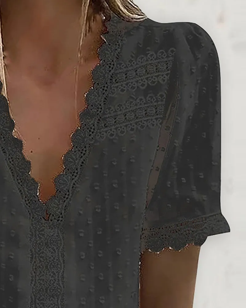 Guipure Lace V Neck Short Sleeve Top