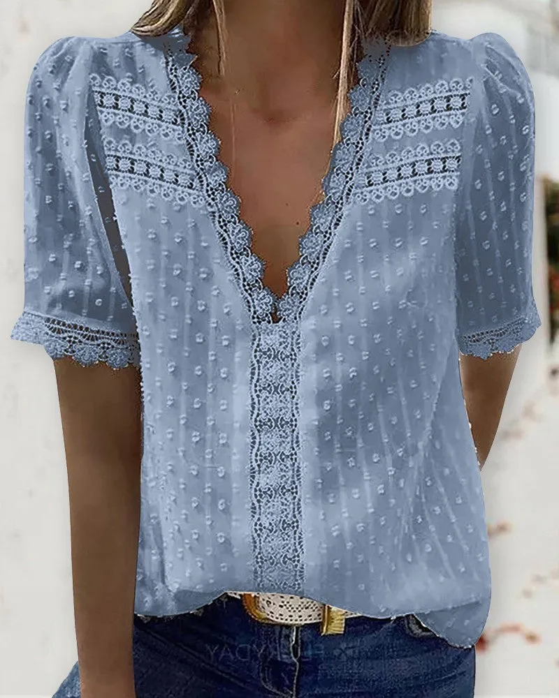 Guipure Lace V Neck Short Sleeve Top