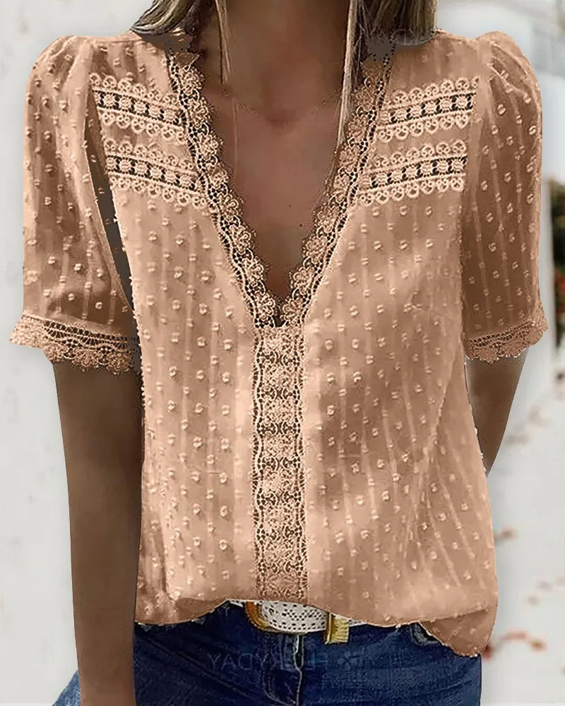 Guipure Lace V Neck Short Sleeve Top