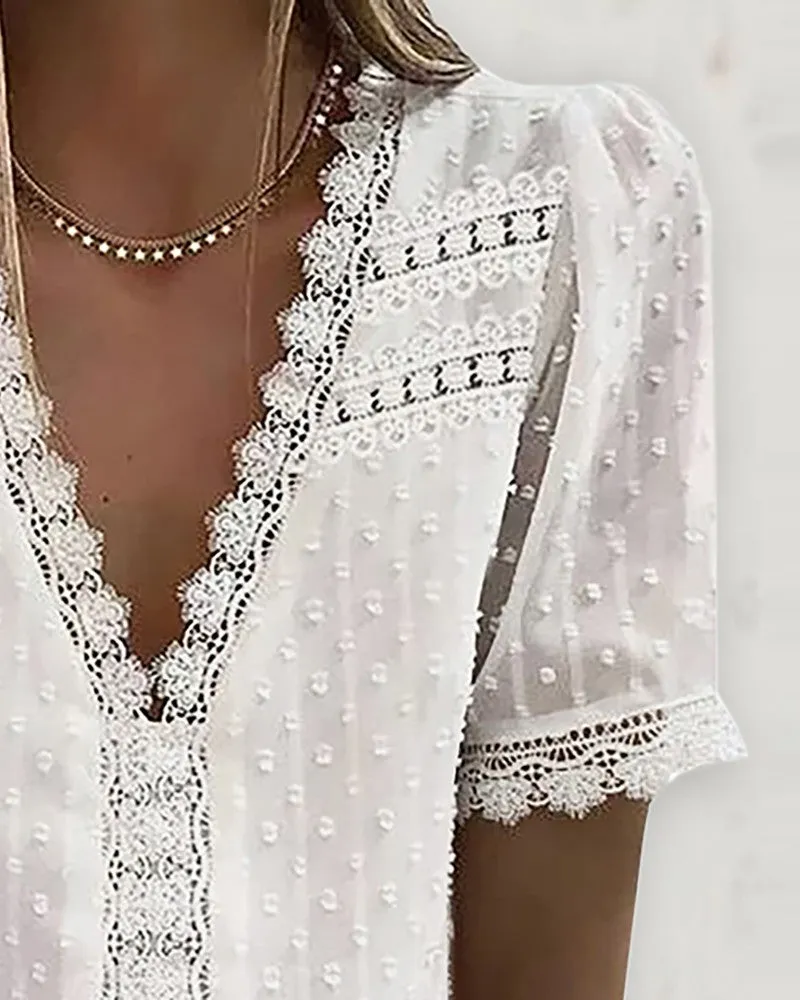 Guipure Lace V Neck Short Sleeve Top
