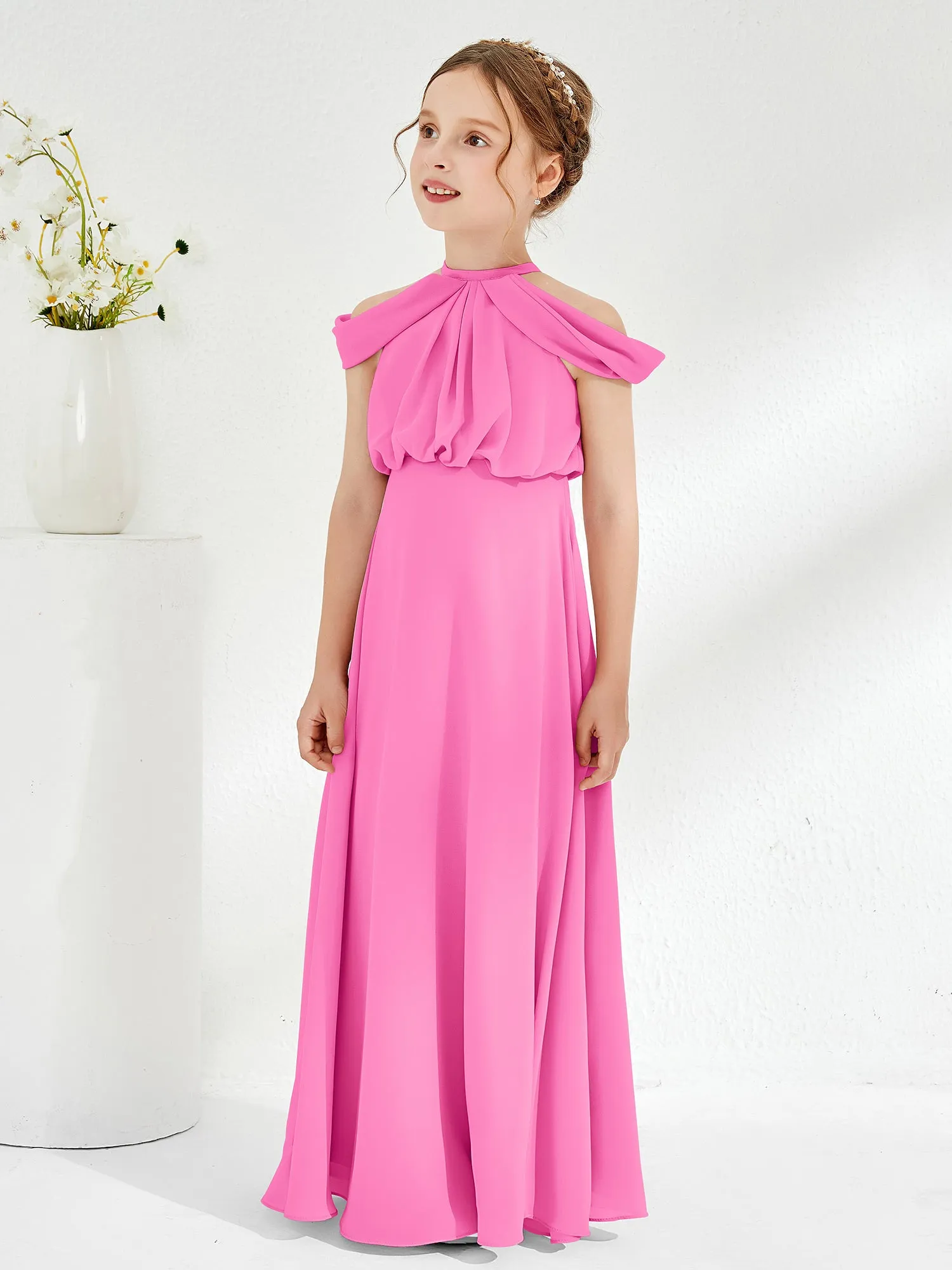 Halter Off-the-shoulder Junior Bridesmaid Dress Azalea