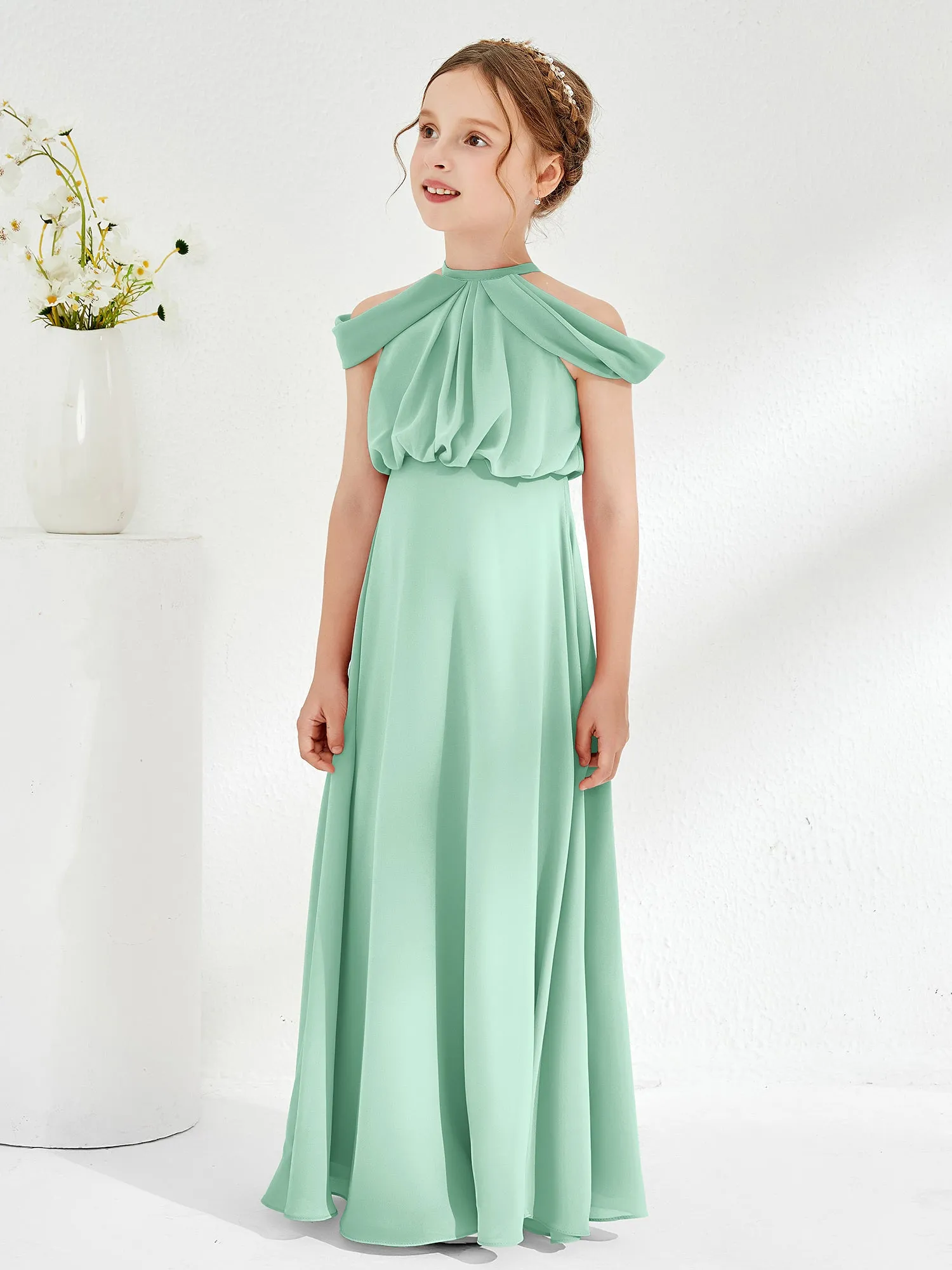 Halter Off-the-shoulder Junior Bridesmaid Dress Mint Green