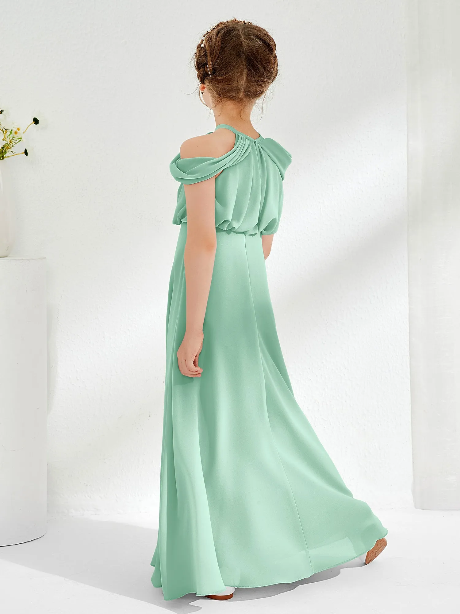 Halter Off-the-shoulder Junior Bridesmaid Dress Mint Green