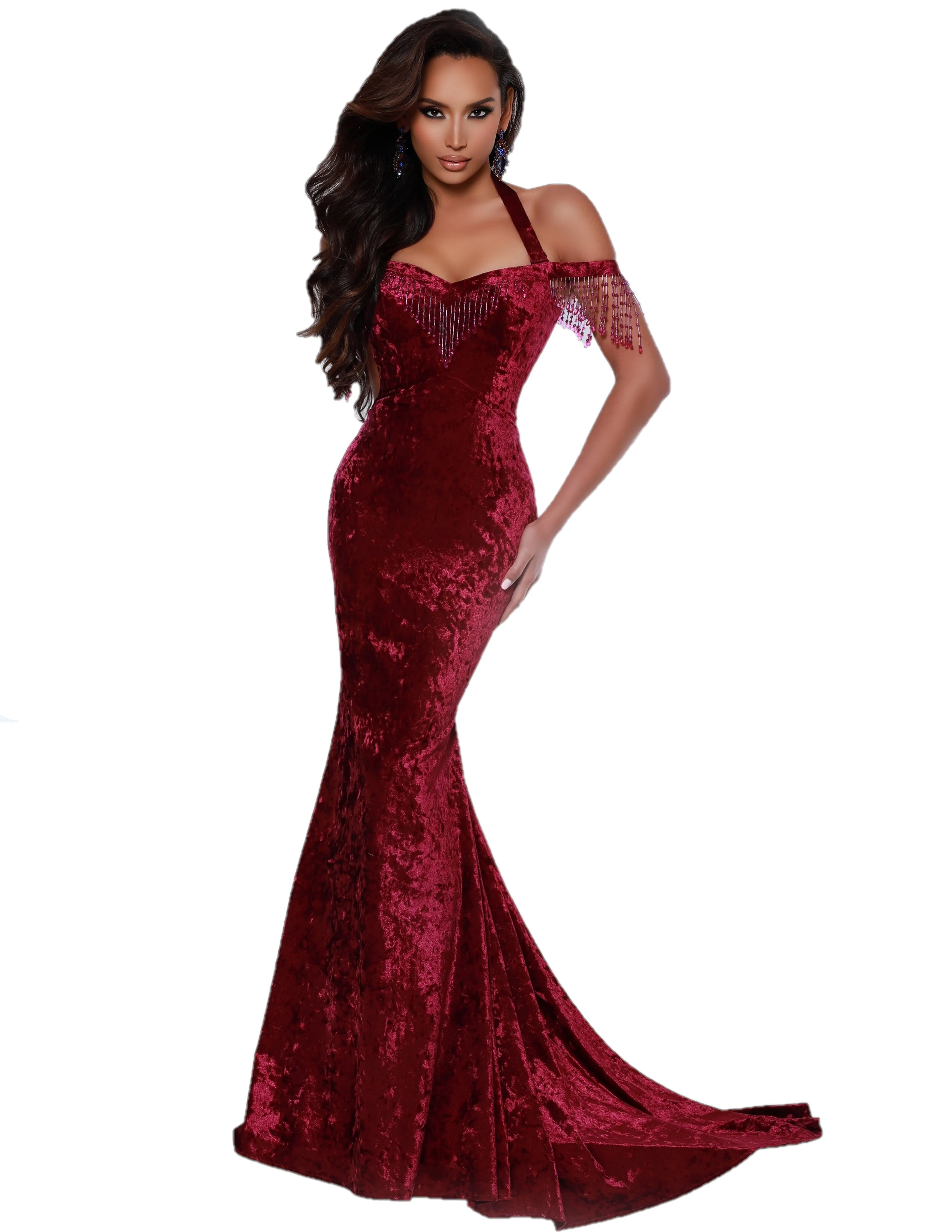 Johnathan Kayne 2415 Size 4 Long Velvet Formal Dress off the shoulder fringe Pageant Gown