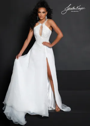 Johnathan Kayne 2627 Size 0, 4, 6 White Long A Line High Neck Sequin Formal Pageant Dress Crystal Strap Gown