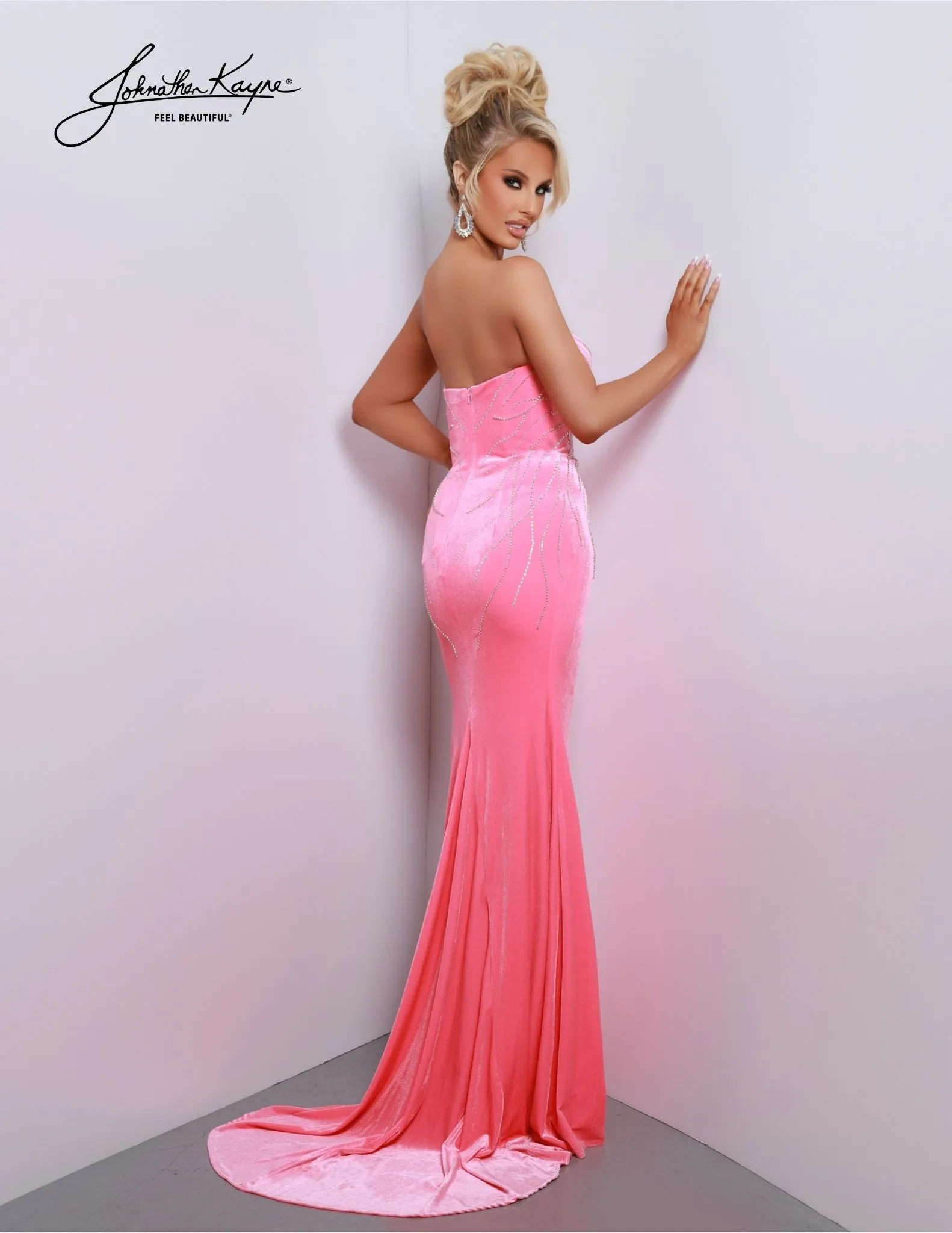 Johnathan Kayne 2822 Long Prom Dress Stretch Velvet Gown Strapless Sweetheart Neckline High Slit Formal