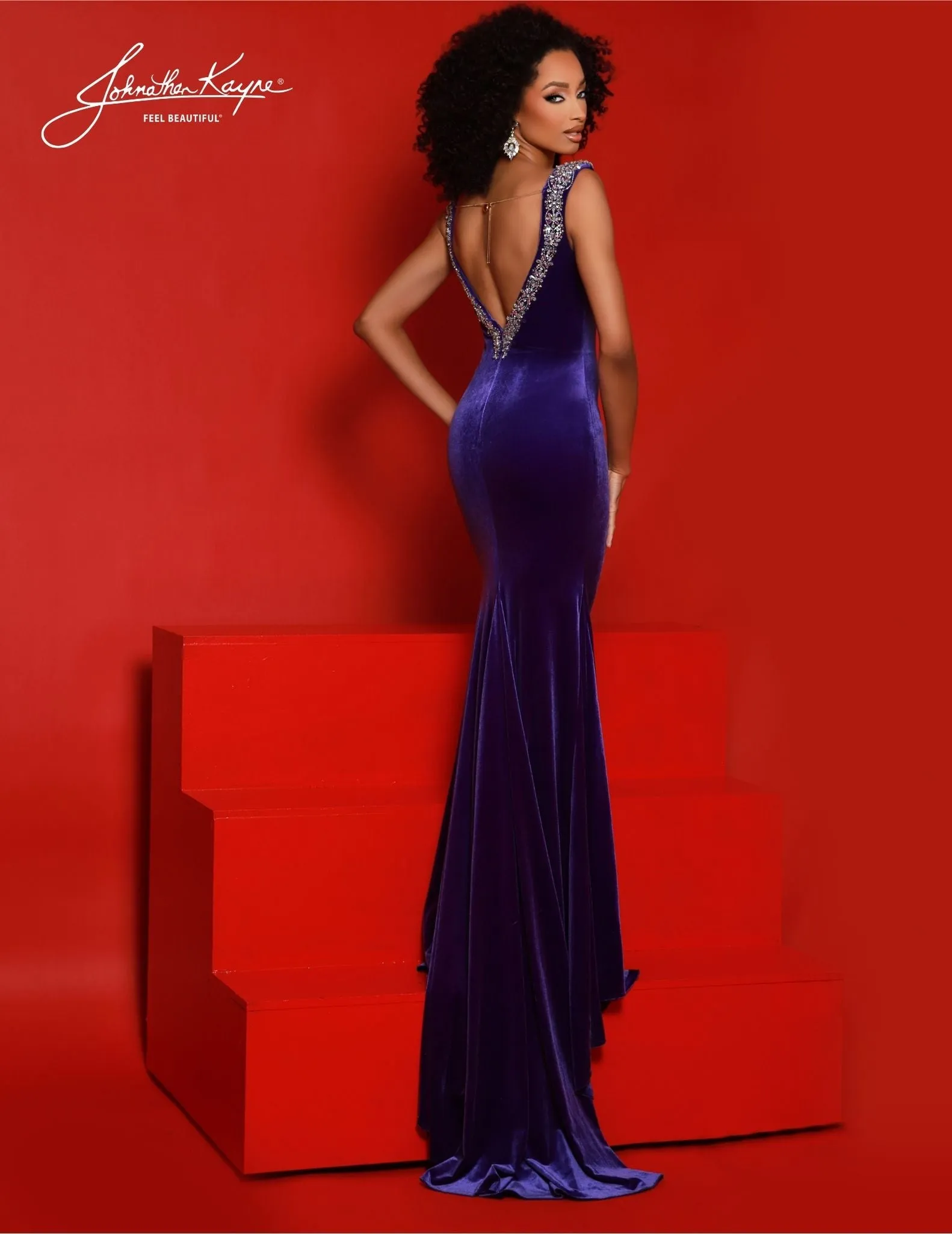 Johnathan Kayne 2877 Long Prom Dress Velvet Low V- Neckline Crystal Straps Train Formal Pageant Gown