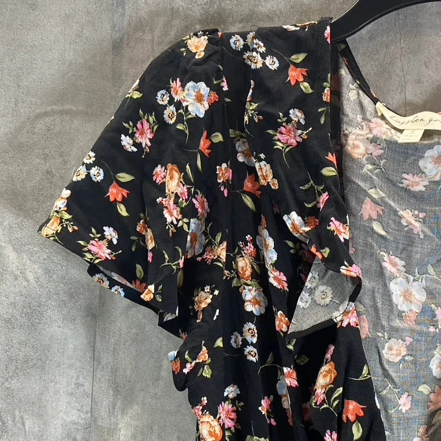KINGSTON GREY Juniors' Black Floral Ruffle V-Neck Tie-Waist Pant Jumpsuit SZ S