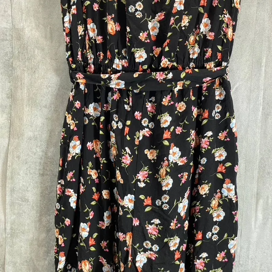KINGSTON GREY Juniors' Black Floral Ruffle V-Neck Tie-Waist Pant Jumpsuit SZ S