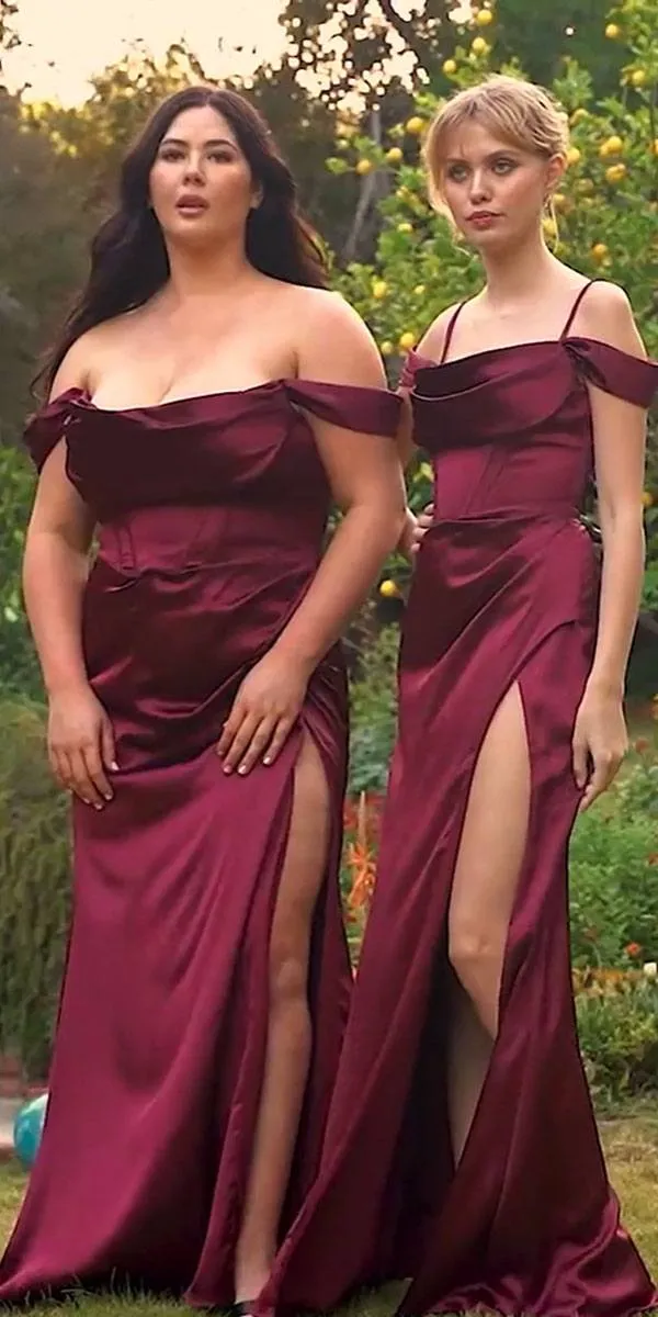 Ladivine 7492C Bridesmaids Dress Corset Prom Dress Satin Off the Shoulder Maxi Slit