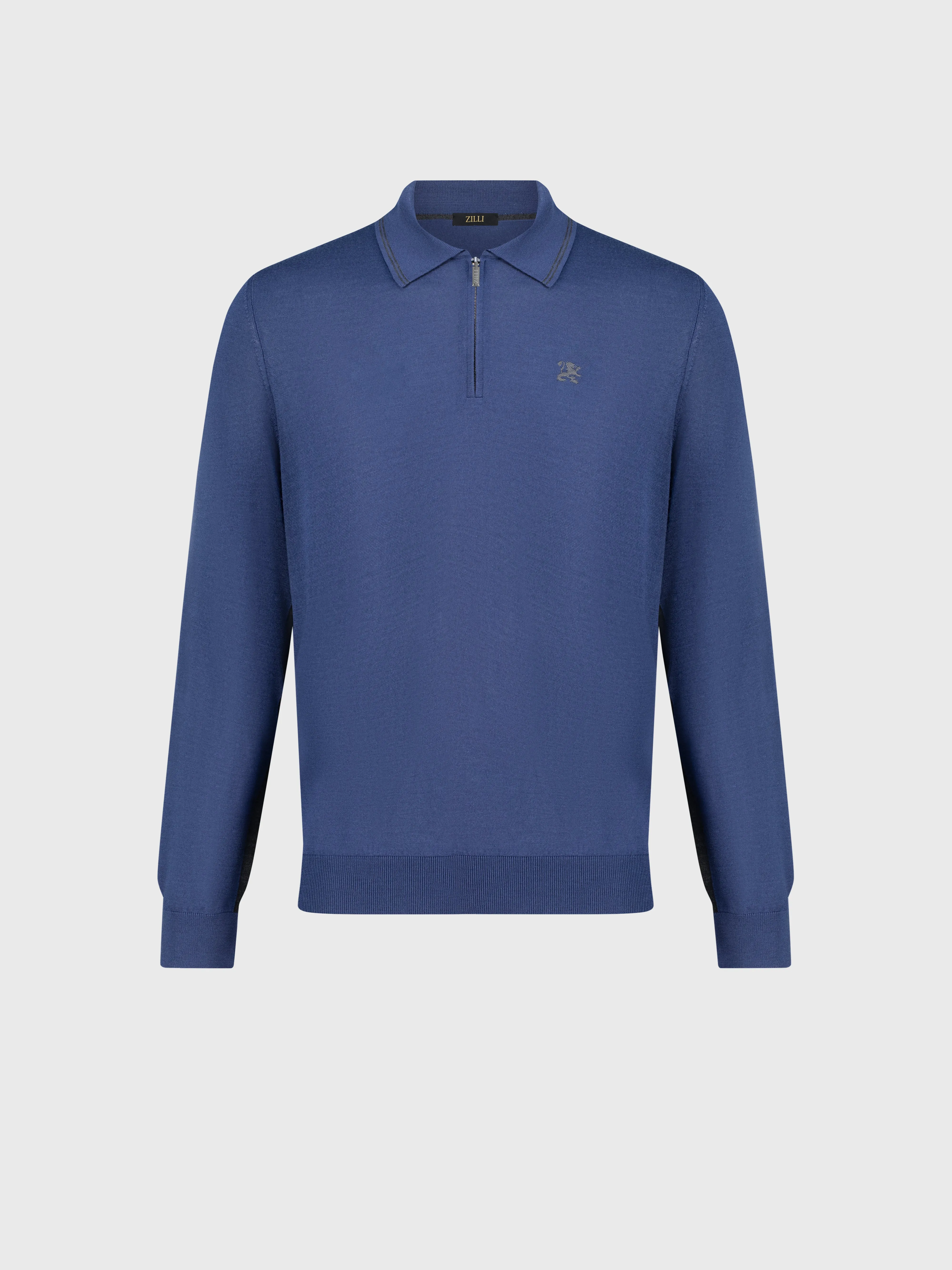 Long Sleeve Polo Shirt with Griffon Emblem Embroidery Smoke Blue