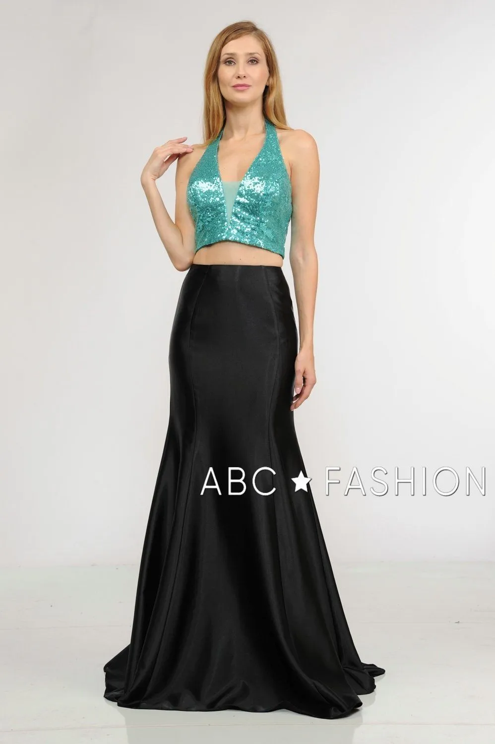 Long Two-Piece Dress with Sequin Crop Top by Poly USA 8294