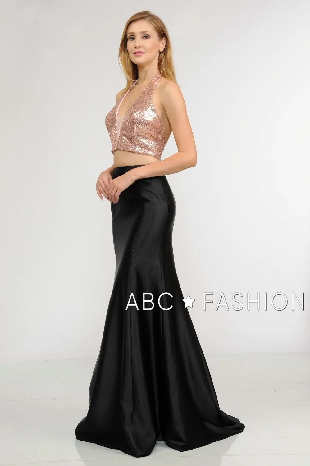 Long Two-Piece Dress with Sequin Crop Top by Poly USA 8294