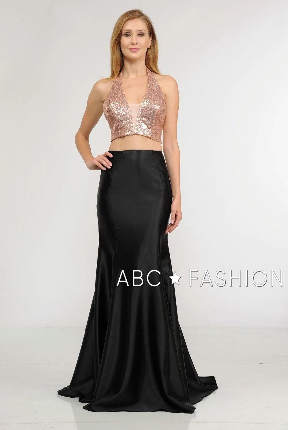 Long Two-Piece Dress with Sequin Crop Top by Poly USA 8294