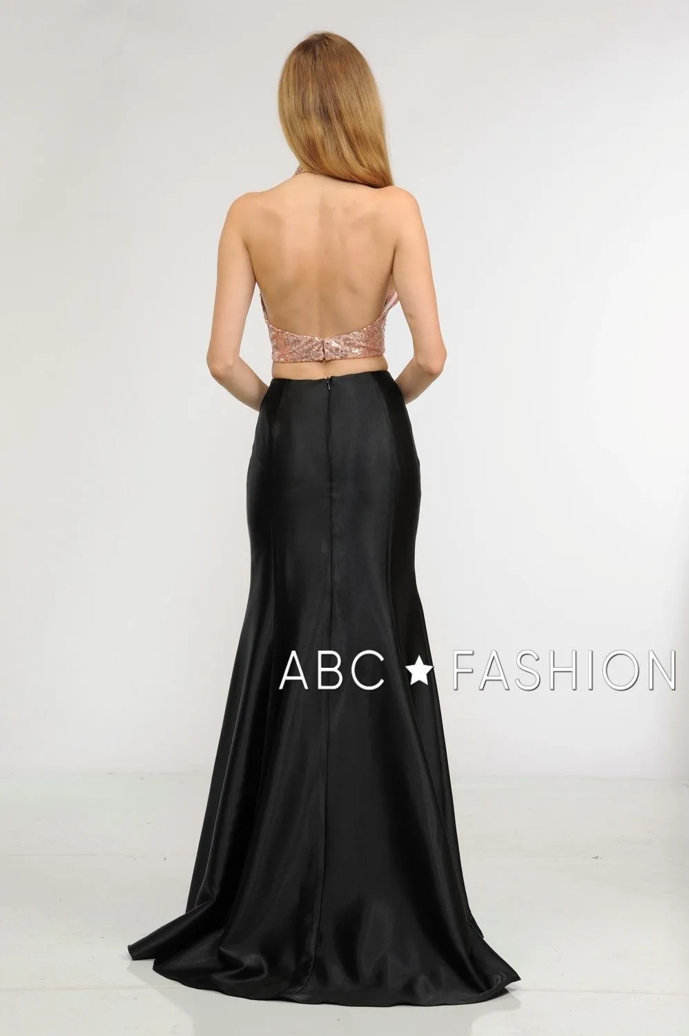 Long Two-Piece Dress with Sequin Crop Top by Poly USA 8294