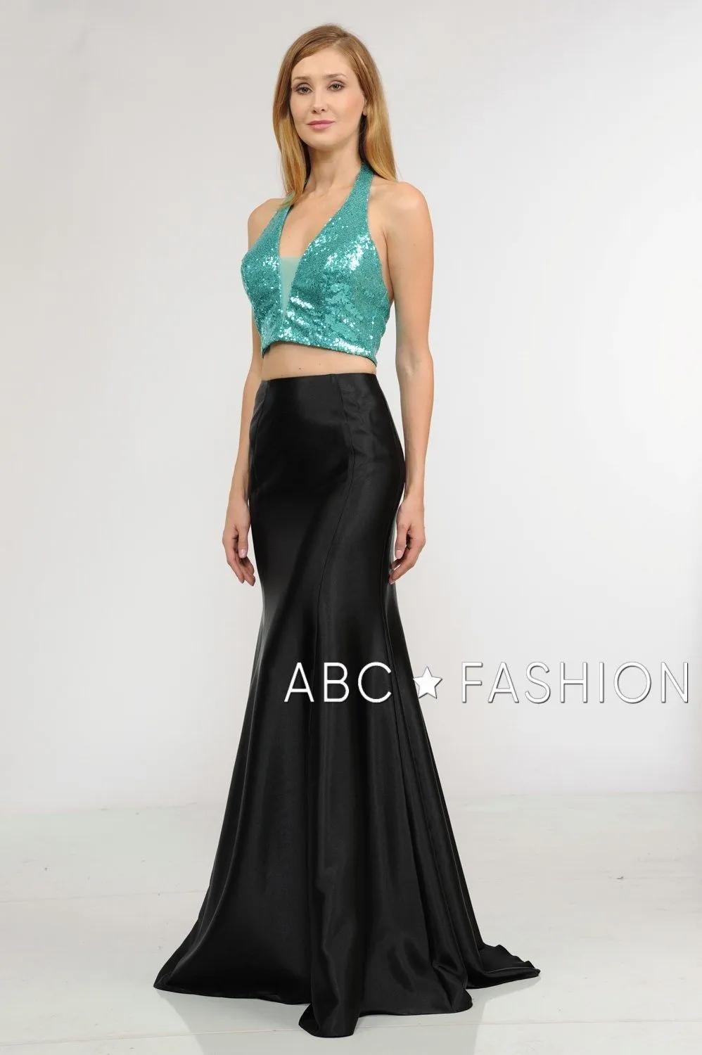 Long Two-Piece Dress with Sequin Crop Top by Poly USA 8294