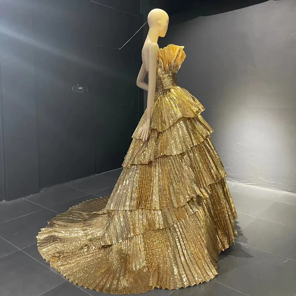 Luxury Gold Ruffles Scalloped Evening Dress SS567